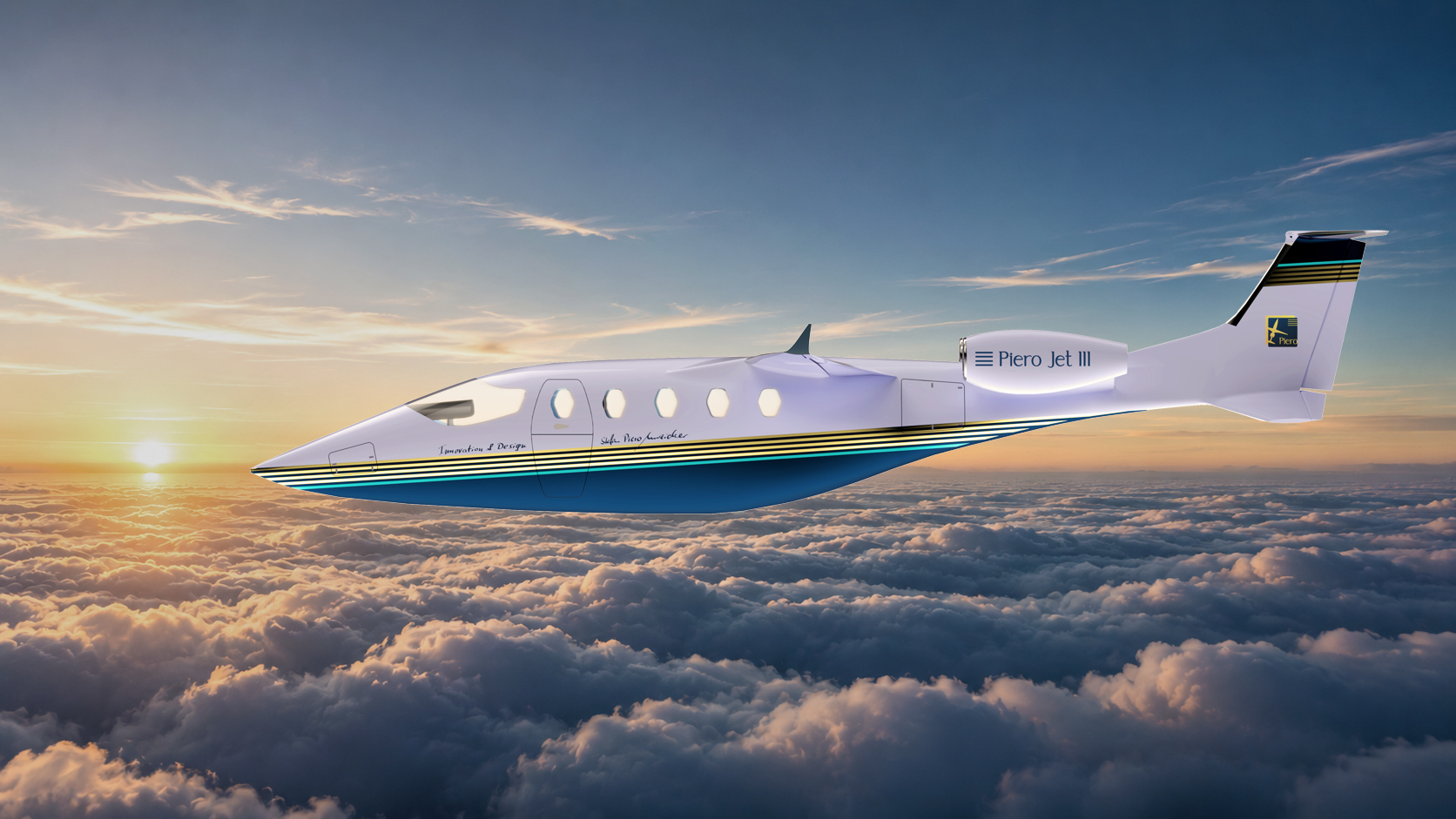 Piero Jet III flying above clouds at sunset
